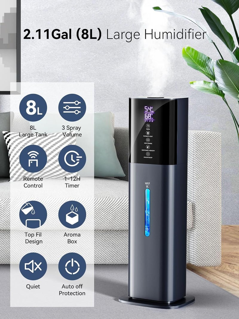 let'me Humidifiers for Bedroom, 2.11Gal 8L Quiet Humidifiers for Large Room with Timer, 360°Nozzle, 3 Speed Ultrasonic Cool Mist Humidifier with Humidistat for Baby, Customize humidity for Home Adults Plants - Image 2